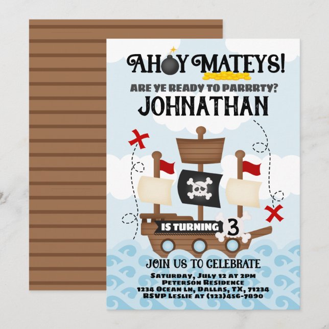 Pirate Ship Birthday Party Invitation Invite (Front/Back)