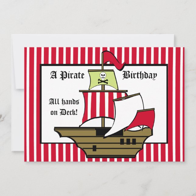 Pirate Ship Birthday Voyage Red Stripe Invitation (Front)