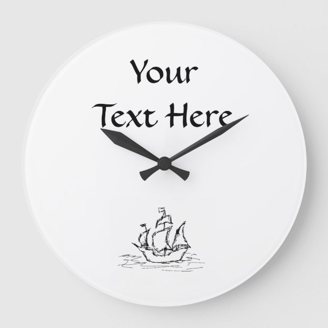 Pirate Ship. Black and White. Large Clock (Front)