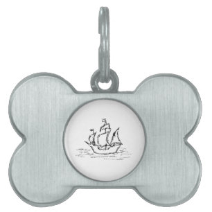 Pirate Ship. Black and White. Pet ID Tag