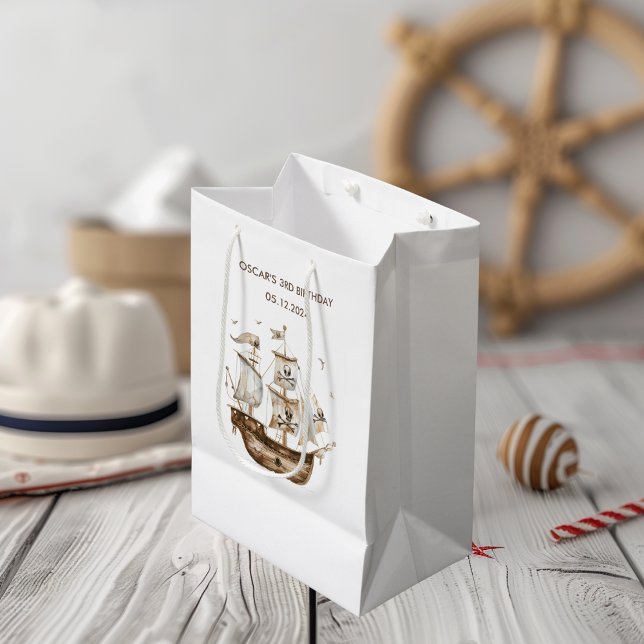 Pirate Ship Brown Nautical Theme Birthday Medium Gift Bag (Creator Uploaded)