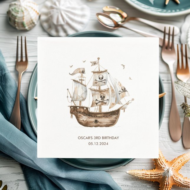 Pirate Ship Brown Nautical Theme Birthday Napkin (Creator Uploaded)