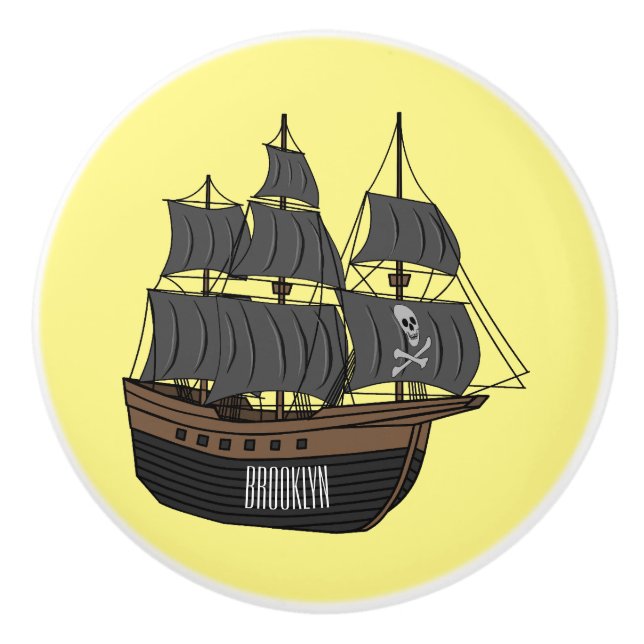 Pirate ship cartoon illustration  ceramic knob (Front)