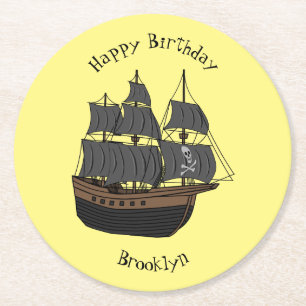 Pirate ship cartoon illustration round paper coaster