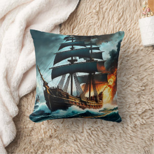 Pirate Ship Engaged in Battle Near Dark Clouds Cushion