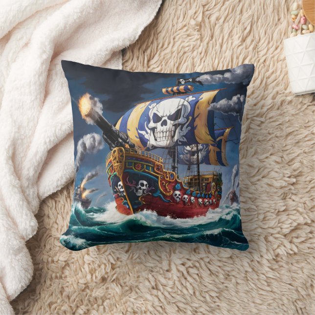 Pirate Ship Engages In Battle On Stormy Seas Cushion (Blanket)
