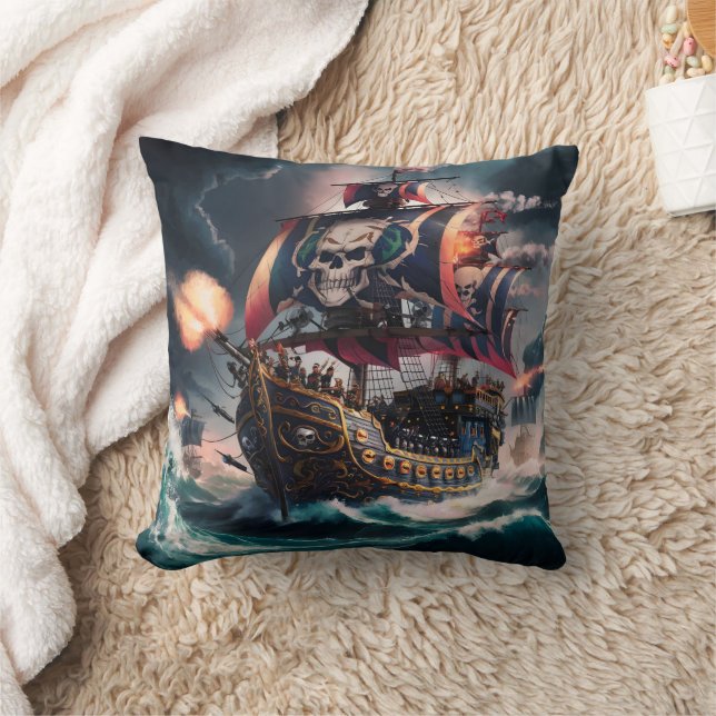 Pirate Ship Engaging in Battle on Stormy Seas Cushion (Blanket)
