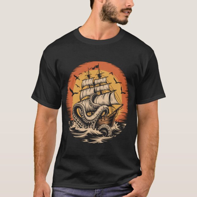 Pirate Ship Giant Octopus T-Shirt (Front)