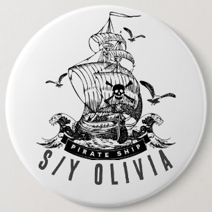 Pirate ship gift with the personalised ship name 6 cm round badge
