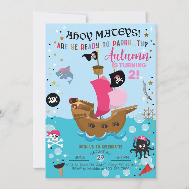 Pirate ship girl birthday invitation. invitation (Front)
