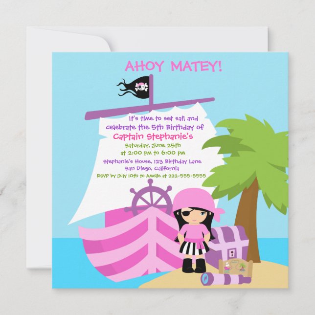 Pirate Ship Girl Birthday Party Invitation (Front)