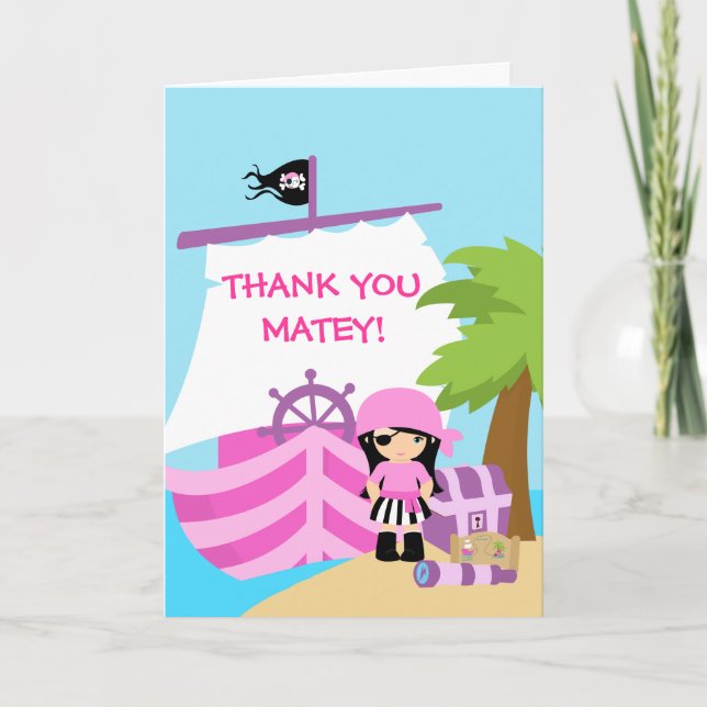 Pirate Ship Girl Birthday Party Thank You Card (Front)