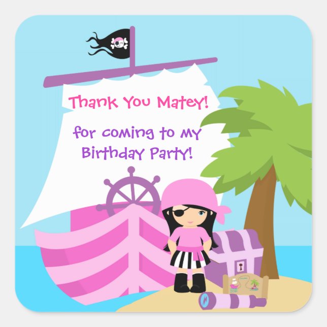 Pirate Ship Girl Birthday Thank You Sticker (Front)