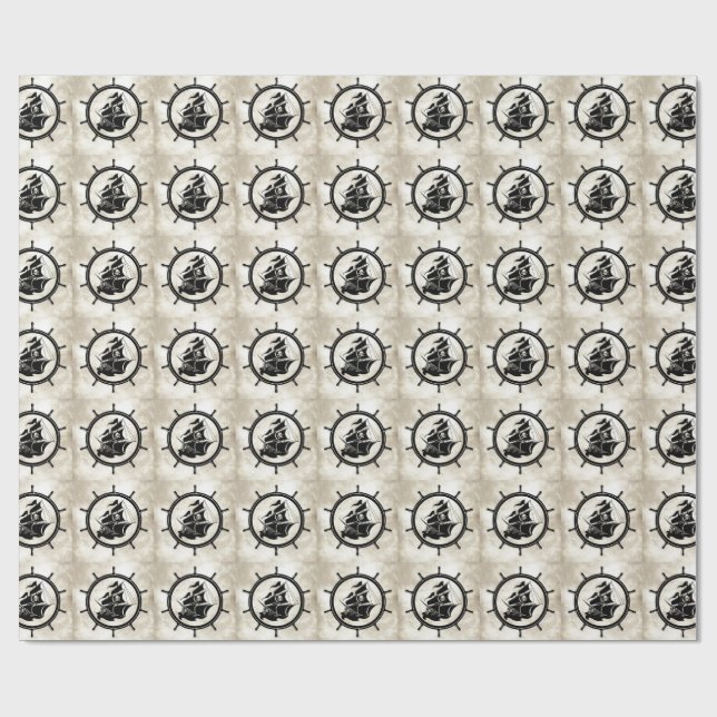 Pirate Ship In Ship's Wheel Wrapping Paper (Flat)