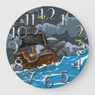 Pirate Ship in Storm Large Clock