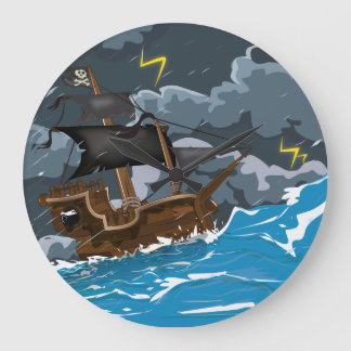 Pirate Ship in Storm Large Clock