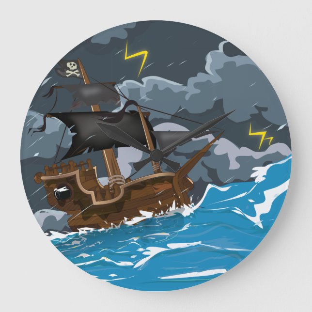 Pirate Ship in Storm Large Clock (Front)