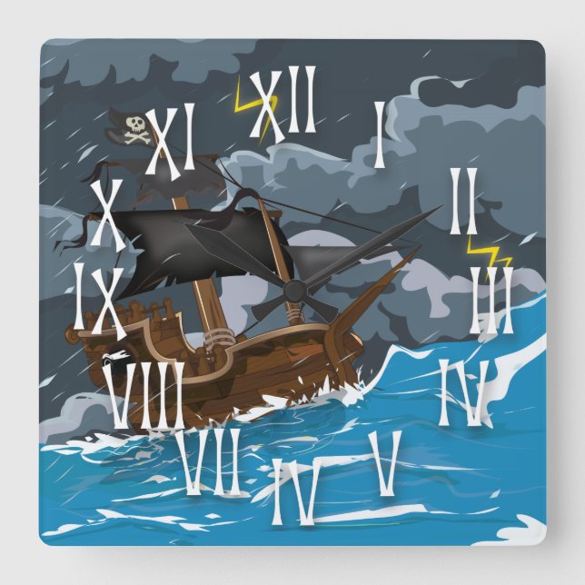Pirate Ship in Storm Square Wall Clock (Front)