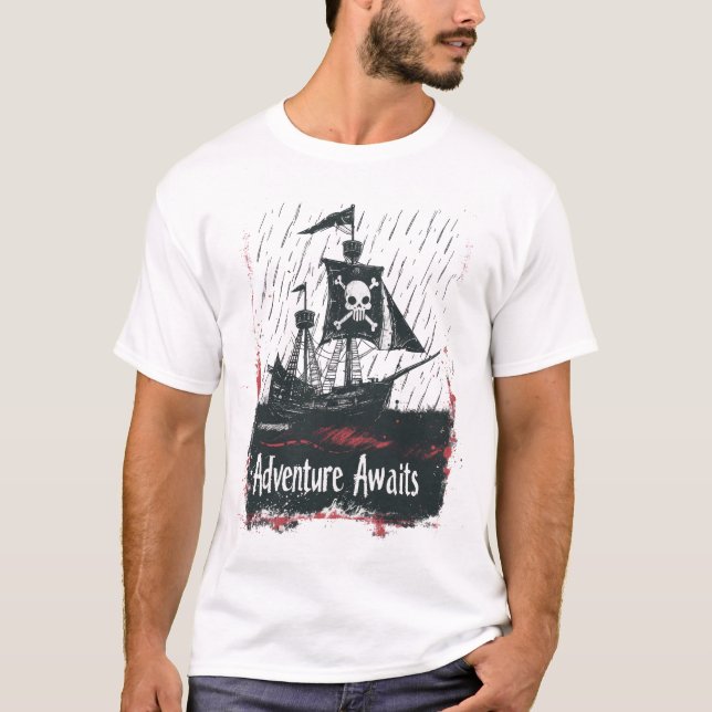 Pirate Ship in Stormy Seas - Minimalist Art T-Shirt (Front)
