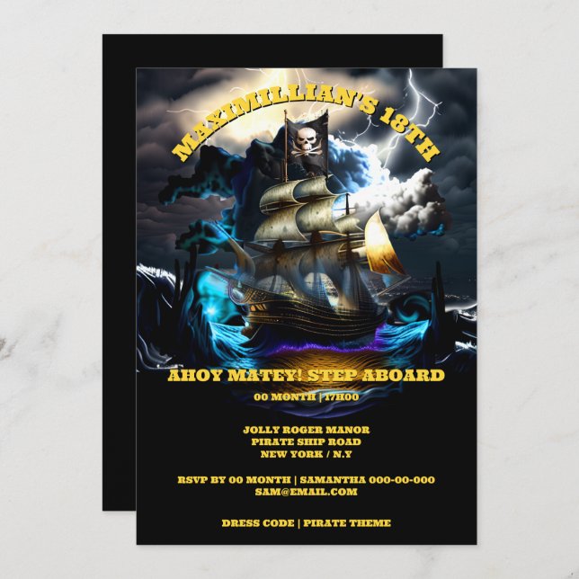 Pirate ship Jolly Roger flag night storm ahoy mate Invitation (Front/Back)