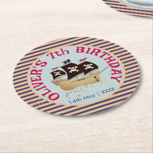 Pirate Ship Kids Birthday Party Round Paper Coaster