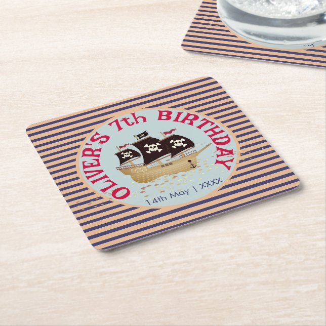 Pirate Ship Kids Birthday Party Square Paper Coaster (Angled)