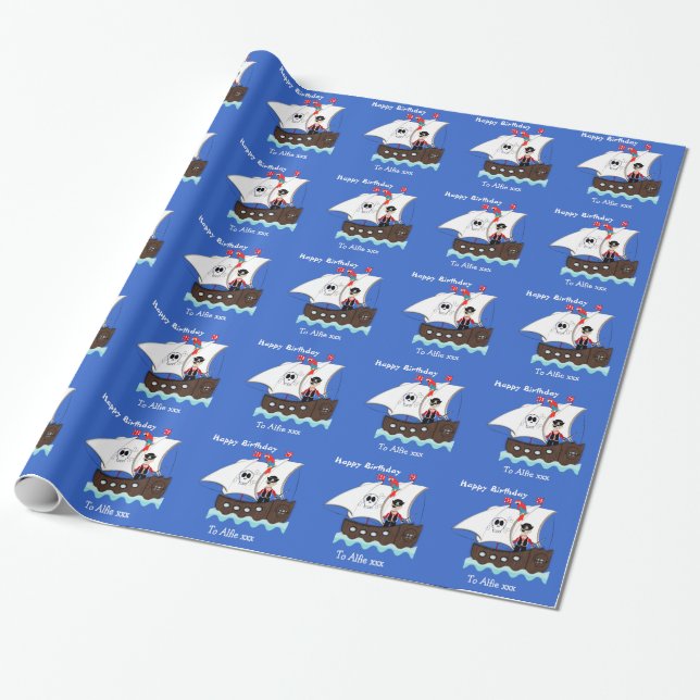 Pirate Ship Kids Cute Personalised Wrapping Paper (Unrolled)