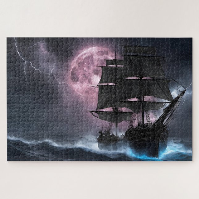 Pirate Ship lightning strawberry moon Jigsaw Puzzle (Horizontal)