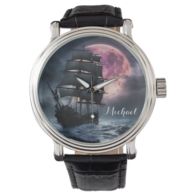 Pirate Ship lightning strawberry moon Personalise Watch (Front)