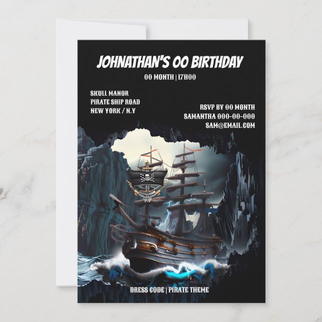 Pirate ship night sea treasure cave jolly roger  invitation (Front)