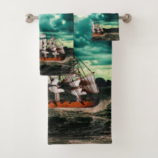 Pirate ship on turbulent seas. bath towel set