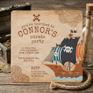 Pirate Ship Parchment Map Treasure Hunt Birthday Invitation