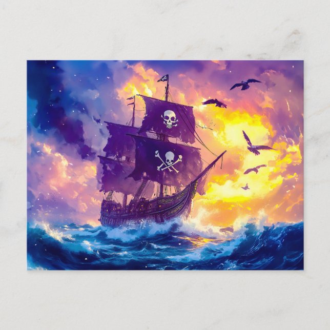 Pirate Ship Sailing into the Sunset on Open Sea Postcard (Front)
