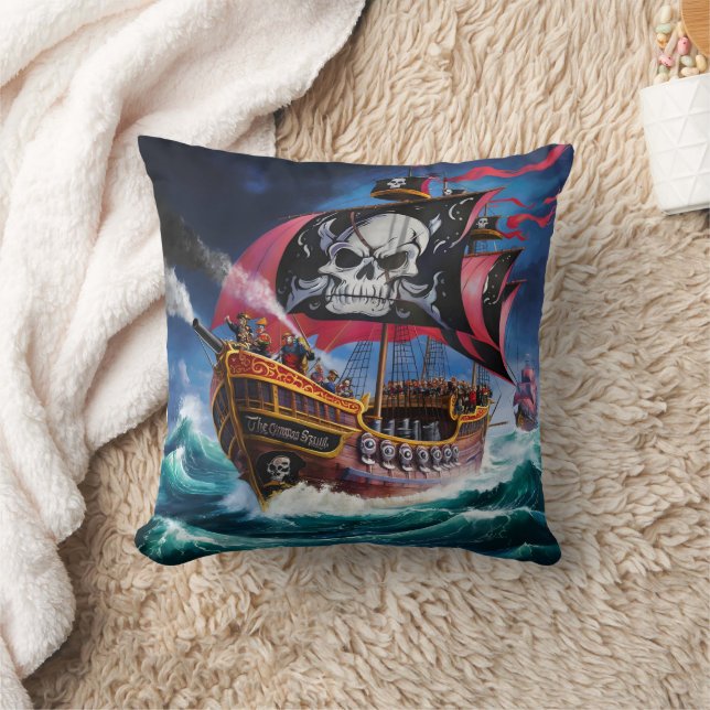 Pirate Ship Sailing Through Stormy Seas at Dusk Cushion (Blanket)
