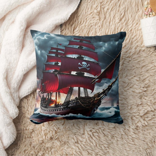 Pirate Ship Sailing Through Stormy Seas at Dusk Cushion (Blanket)