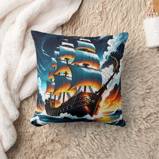 Pirate Ship Sailing Through Stormy Seas at Dusk Cushion (Blanket)