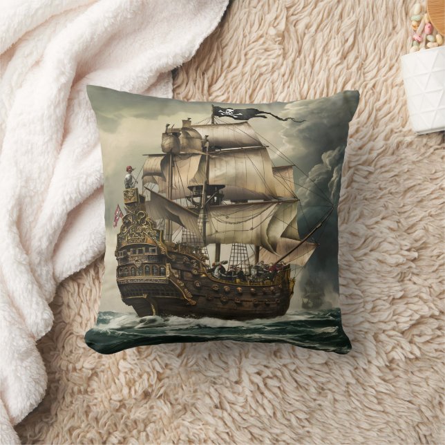 Pirate Ship Sailing Through Stormy Seas at Dusk Cushion (Blanket)