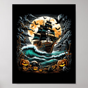 Pirate Ship Storm Halloween Boat Captain Boating R Poster