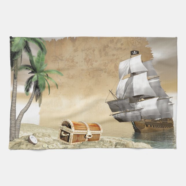Pirate ship that discovers a treasure tea towel (Horizontal)