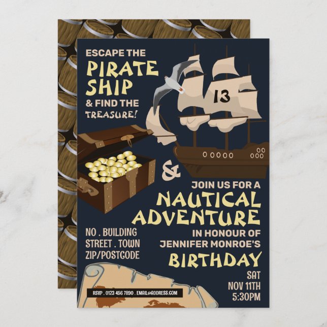 Pirate Ship Theme, Escape Room, Birthday Party Invitation (Front/Back)