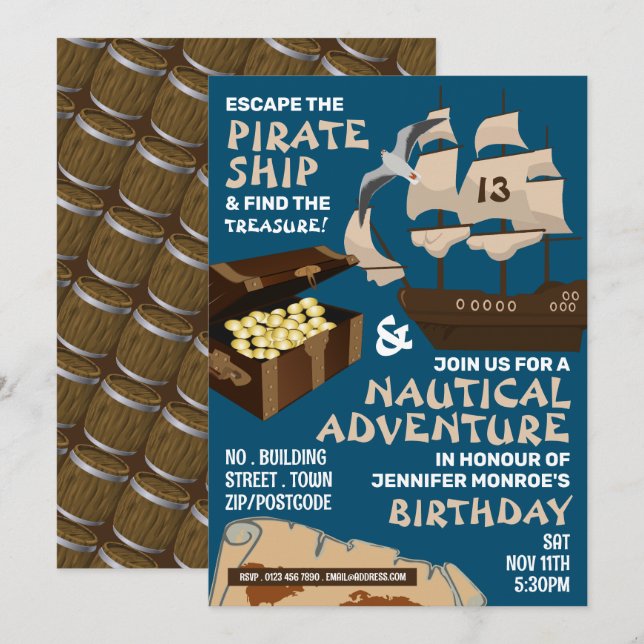 Pirate Ship Theme, Escape Room, Birthday Party Invitation (Front/Back)