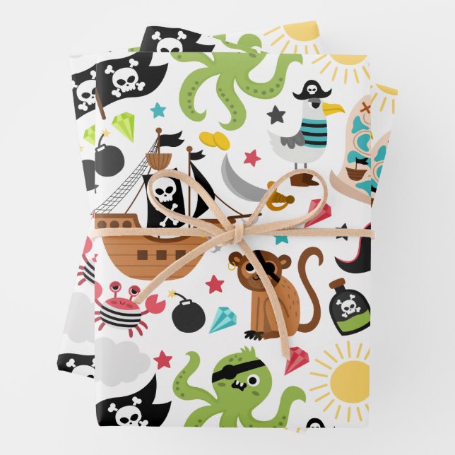 Pirate Ship Treasure Birthday Party Wrapping Paper Sheet (In situ)