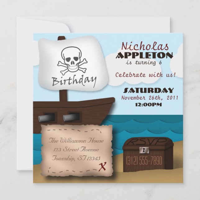 Pirate Ship Treasure Chest Birthday Invitations (Front)