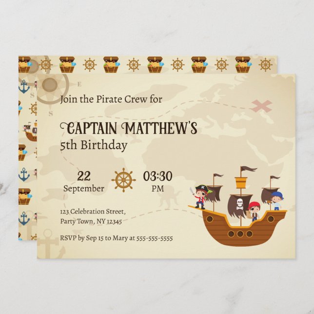 Pirate Ship Treasure Map Kids Birthday Party Invitation (Front/Back)