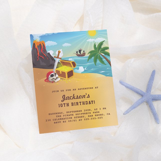 Pirate Ship, Treasure & Volcano Island Birthday Invitation Postcard (Creator Uploaded)