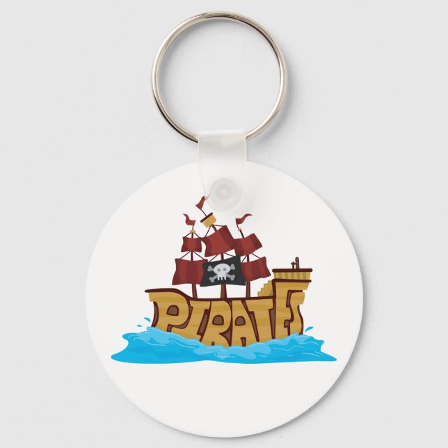 Pirate Ship Typography with Skull Flag Key Ring (Front)