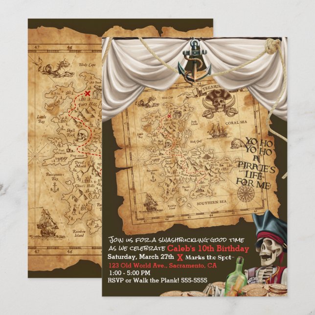 Pirate Ship Vintage Map Treasure Birthday Party Invitation (Front/Back)