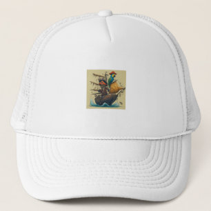 pirate ship with a parrot trucker hat