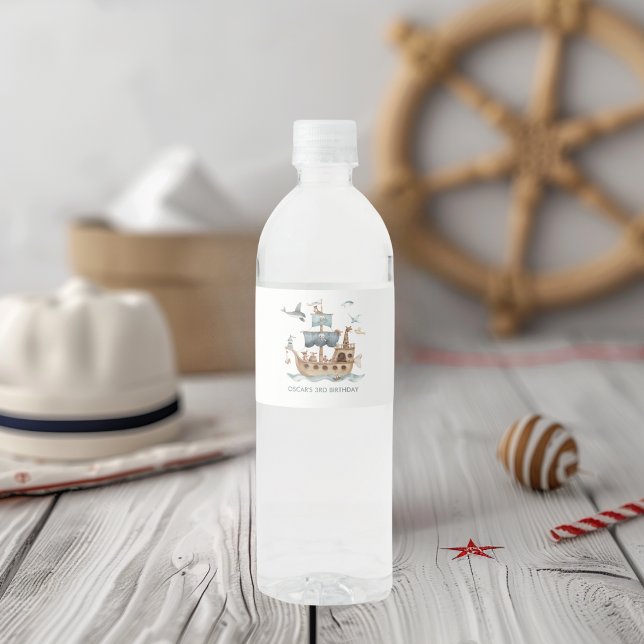 Pirate Ship with Animals Kids Party  Water Bottle Label (Creator Uploaded)