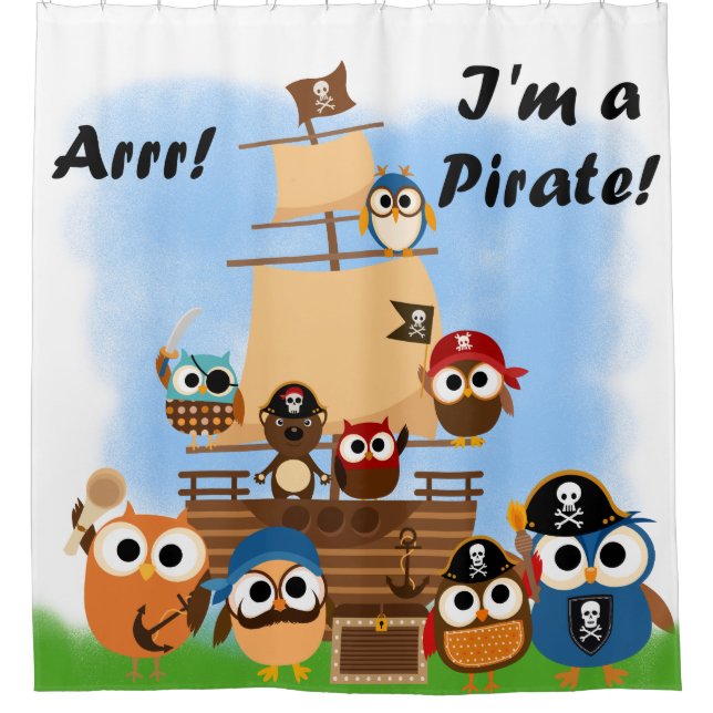 Pirate Ship With Owls and Bear Pirates Shower Curtain (Front)